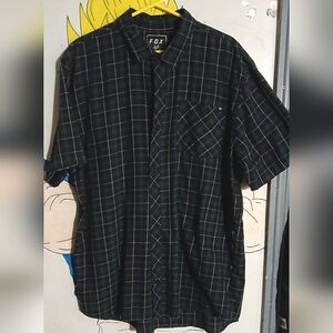 Fox Short Sleeve Button Down Black and Blue Plaid